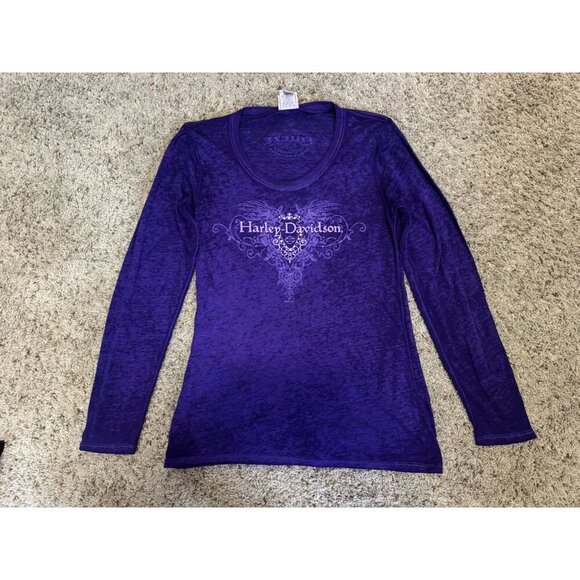 HARLEY DAVIDSON Long Sleeve Purple Shirt Sheer Lightweight Grunge Punk Emo MED - Picture 1 of 9